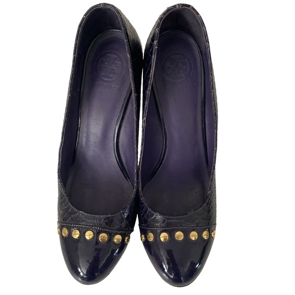 Tory Burch Purple Round Toe Snake Embossed Pump Heel Gold Studs Platform 9.5 M - Picture 4 of 10